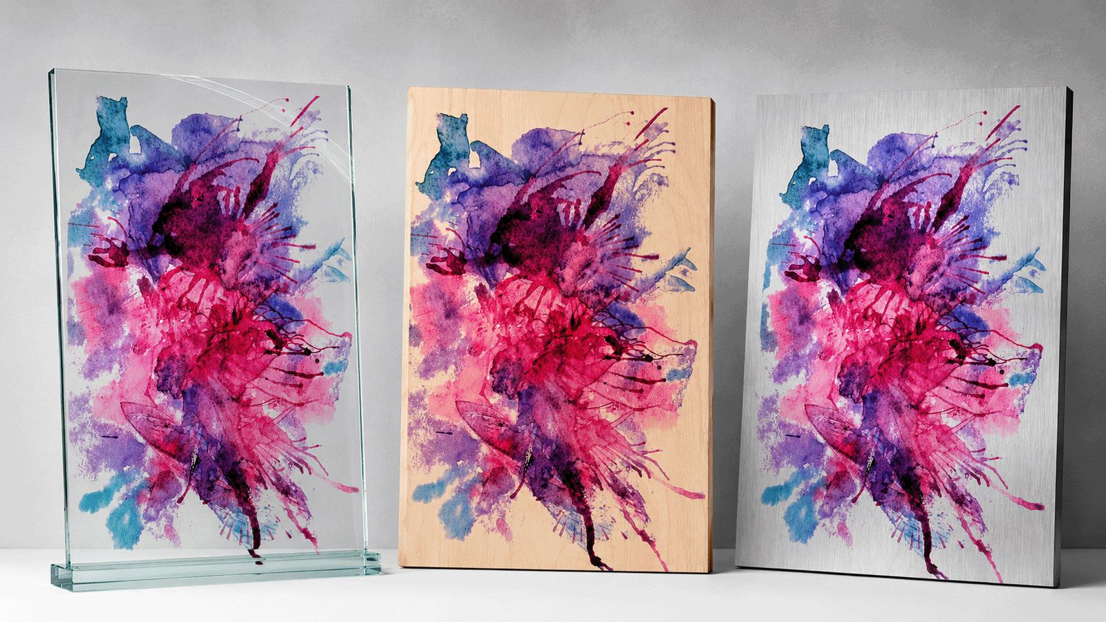 Artwork printed on glass, wood, and aluminum panels